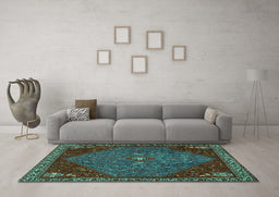 Machine Washable Persian Turquoise Traditional Area Rugs in a Living Room,, wshtr2220turq