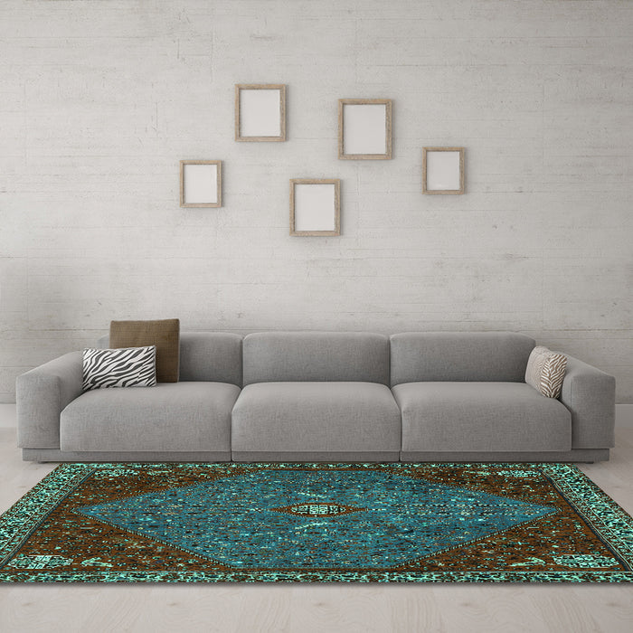 Machine Washable Persian Turquoise Traditional Area Rugs in a Living Room,, wshtr2220turq