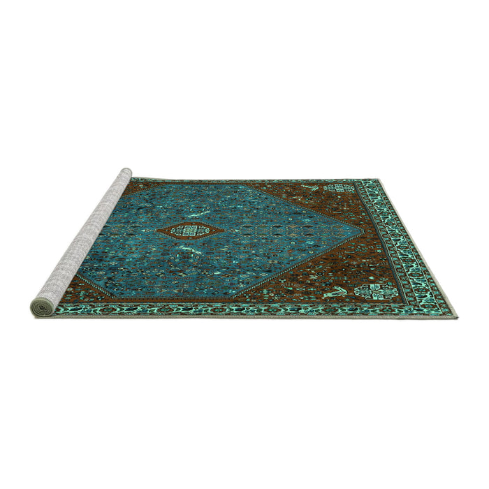 Sideview of Machine Washable Persian Turquoise Traditional Area Rugs, wshtr2220turq