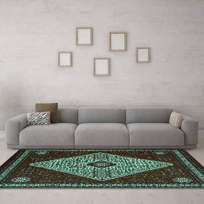 Machine Washable Persian Turquoise Traditional Area Rugs in a Living Room,, wshtr2221turq