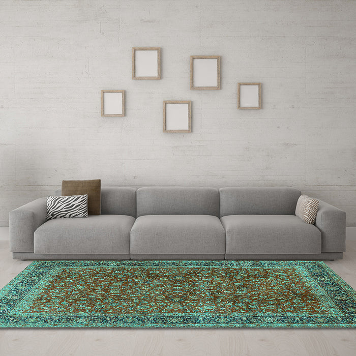 Machine Washable Persian Turquoise Traditional Area Rugs in a Living Room,, wshtr2222turq