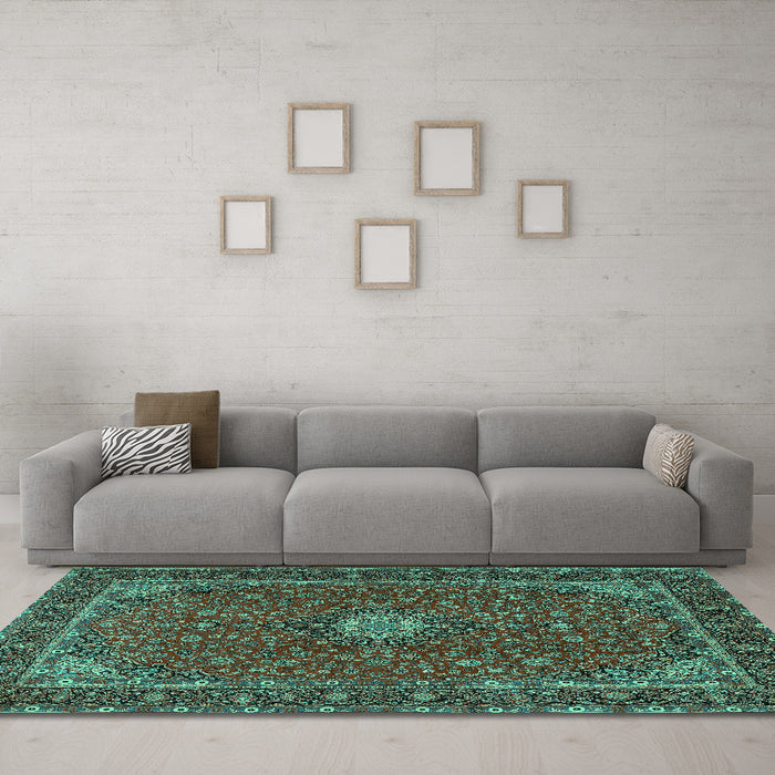 Machine Washable Medallion Turquoise Traditional Area Rugs in a Living Room,, wshtr2223turq