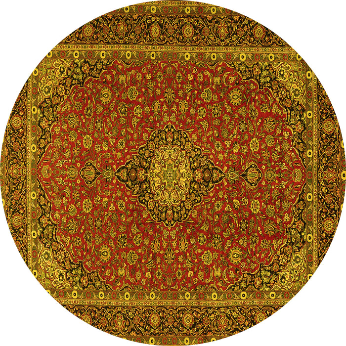 Round Machine Washable Medallion Yellow Traditional Rug, wshtr2223yw