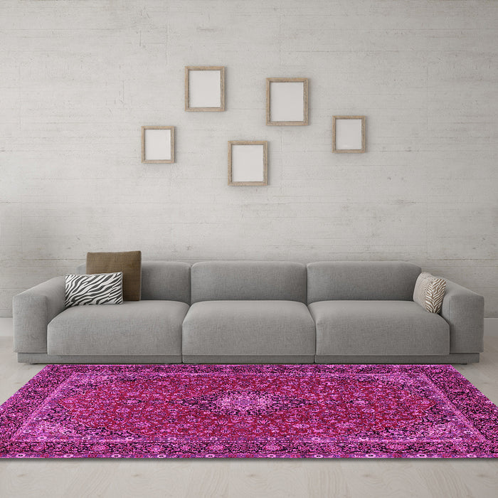 Machine Washable Medallion Pink Traditional Rug in a Living Room, wshtr2223pnk