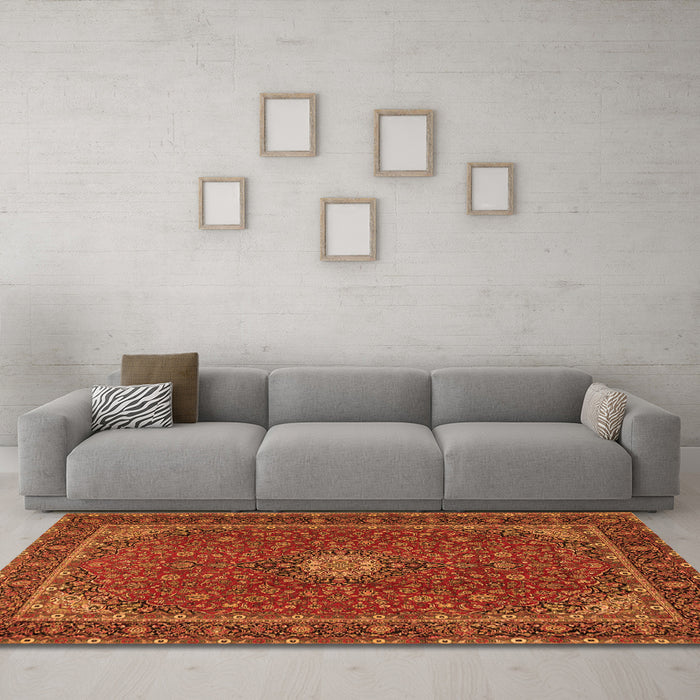 Machine Washable Medallion Orange Traditional Area Rugs in a Living Room, wshtr2223org