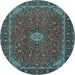 Round Machine Washable Medallion Light Blue Traditional Rug, wshtr2223lblu