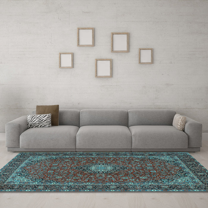 Machine Washable Medallion Light Blue Traditional Rug in a Living Room, wshtr2223lblu