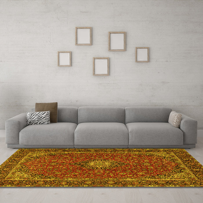 Machine Washable Medallion Yellow Traditional Rug in a Living Room, wshtr2223yw