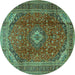 Round Machine Washable Medallion Turquoise Traditional Area Rugs, wshtr2227turq