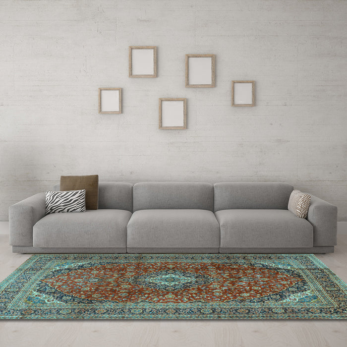 Machine Washable Medallion Light Blue Traditional Rug in a Living Room, wshtr2227lblu