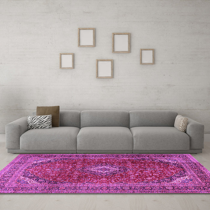 Machine Washable Medallion Purple Traditional Area Rugs in a Living Room, wshtr2227pur