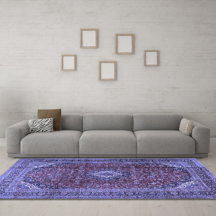 Machine Washable Medallion Blue Traditional Rug in a Living Room, wshtr2227blu