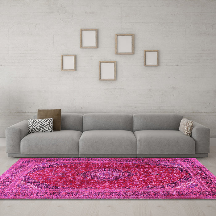 Machine Washable Medallion Pink Traditional Rug in a Living Room, wshtr2227pnk