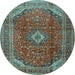 Round Machine Washable Medallion Light Blue Traditional Rug, wshtr2227lblu