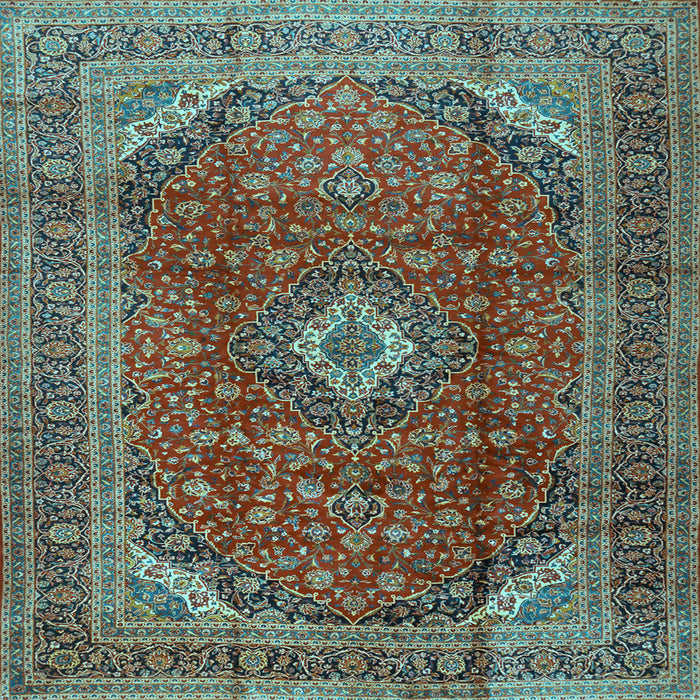 Square Machine Washable Medallion Light Blue Traditional Rug, wshtr2227lblu