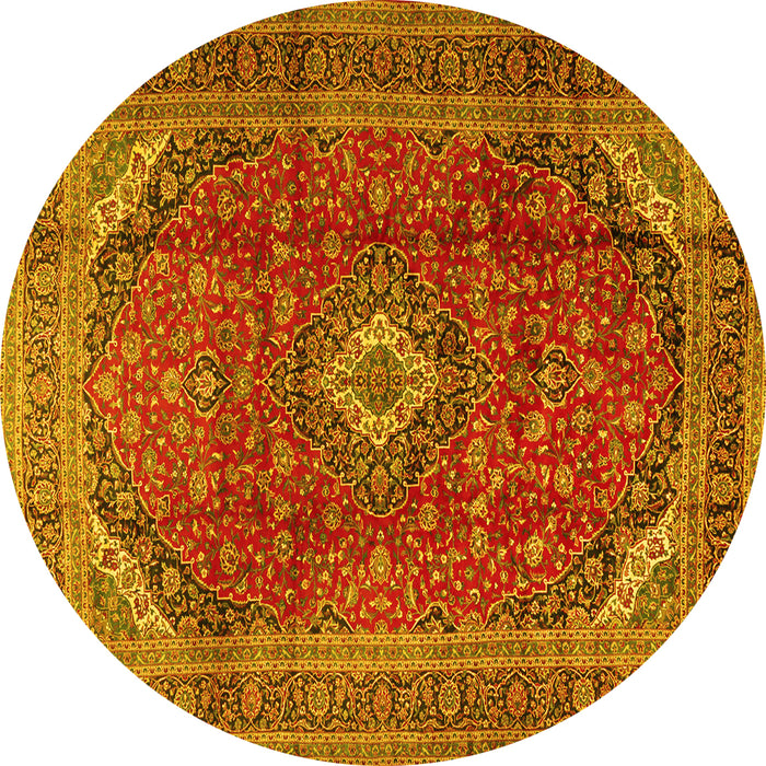 Round Machine Washable Medallion Yellow Traditional Rug, wshtr2227yw