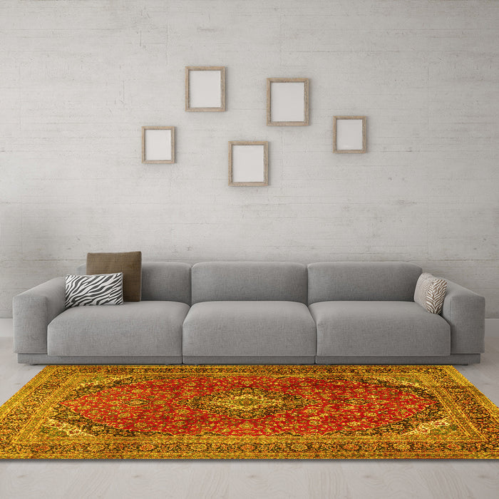 Machine Washable Medallion Yellow Traditional Rug in a Living Room, wshtr2227yw