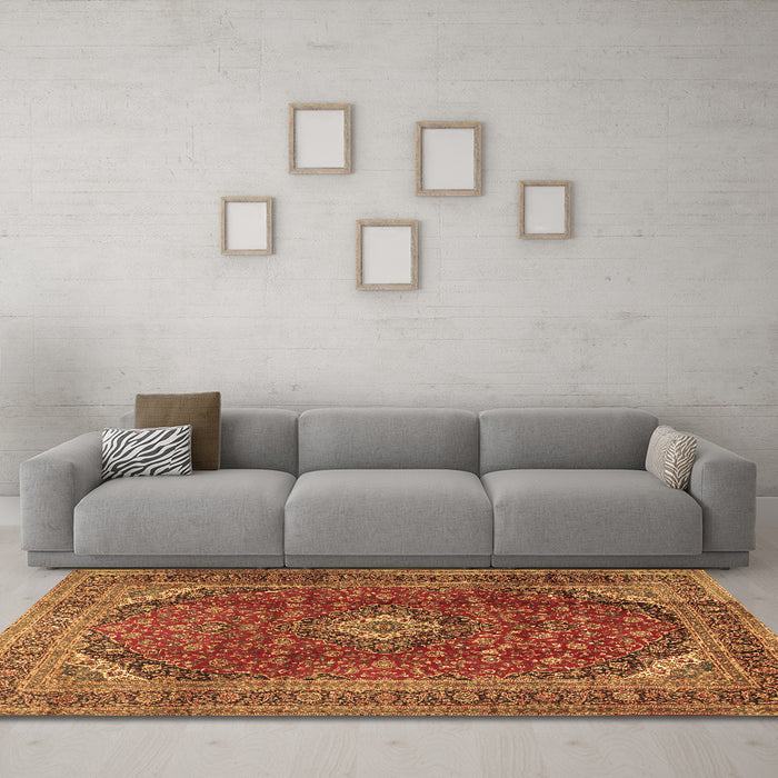 Machine Washable Medallion Brown Traditional Rug in a Living Room,, wshtr2227brn