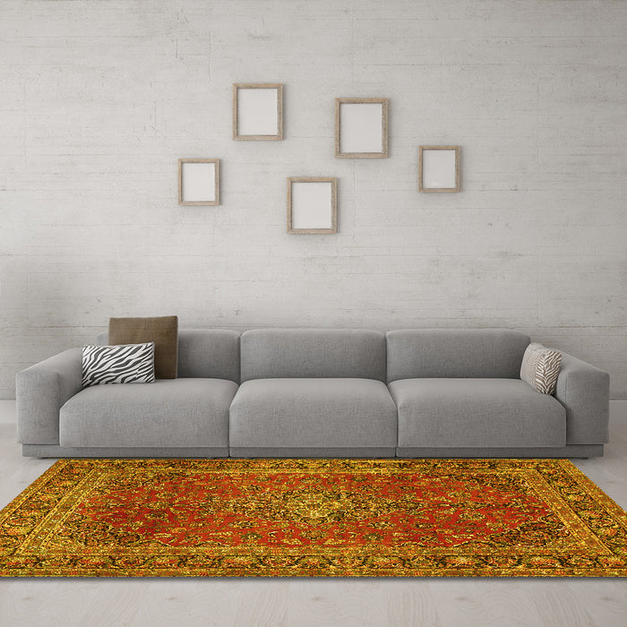 Machine Washable Medallion Yellow Traditional Rug in a Living Room, wshtr2228yw