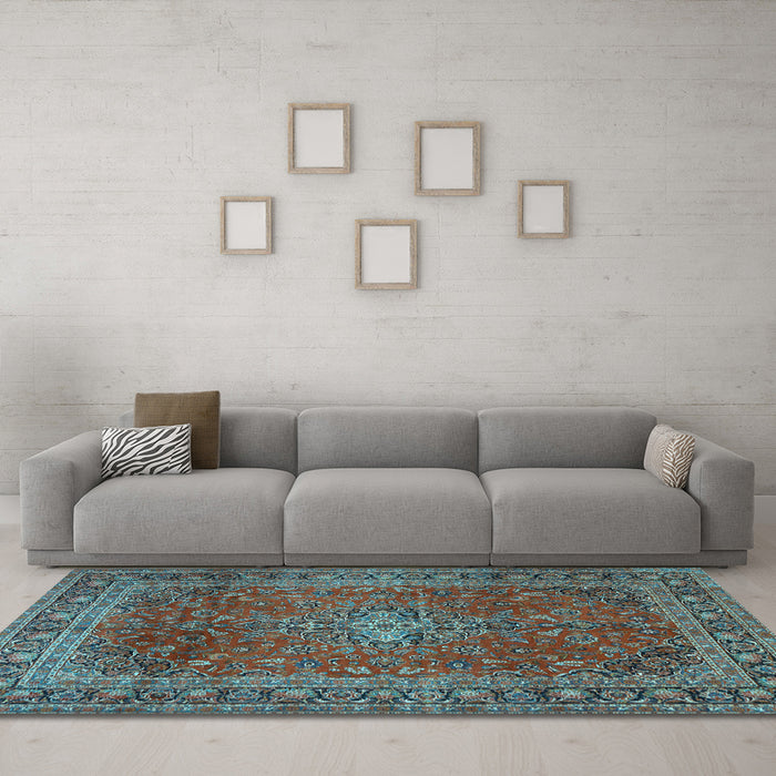Machine Washable Medallion Light Blue Traditional Rug in a Living Room, wshtr2228lblu