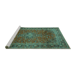 Sideview of Machine Washable Medallion Turquoise Traditional Area Rugs, wshtr2228turq