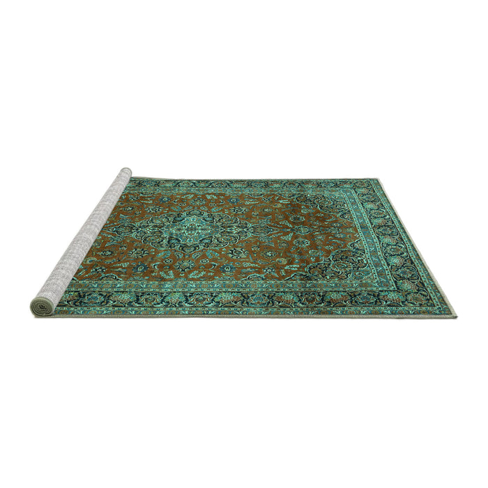 Sideview of Machine Washable Medallion Turquoise Traditional Area Rugs, wshtr2228turq