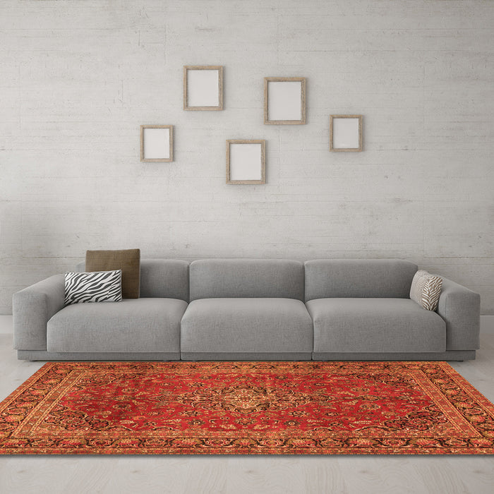 Machine Washable Medallion Orange Traditional Area Rugs in a Living Room, wshtr2228org