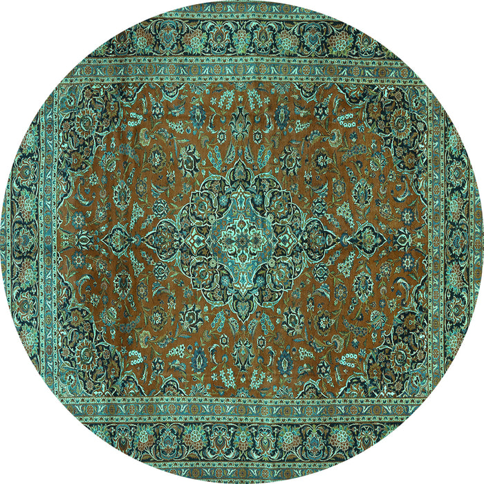 Round Machine Washable Medallion Turquoise Traditional Area Rugs, wshtr2228turq