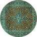 Round Machine Washable Medallion Turquoise Traditional Area Rugs, wshtr2228turq