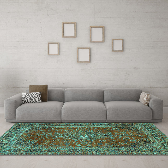 Machine Washable Medallion Turquoise Traditional Area Rugs in a Living Room,, wshtr2228turq