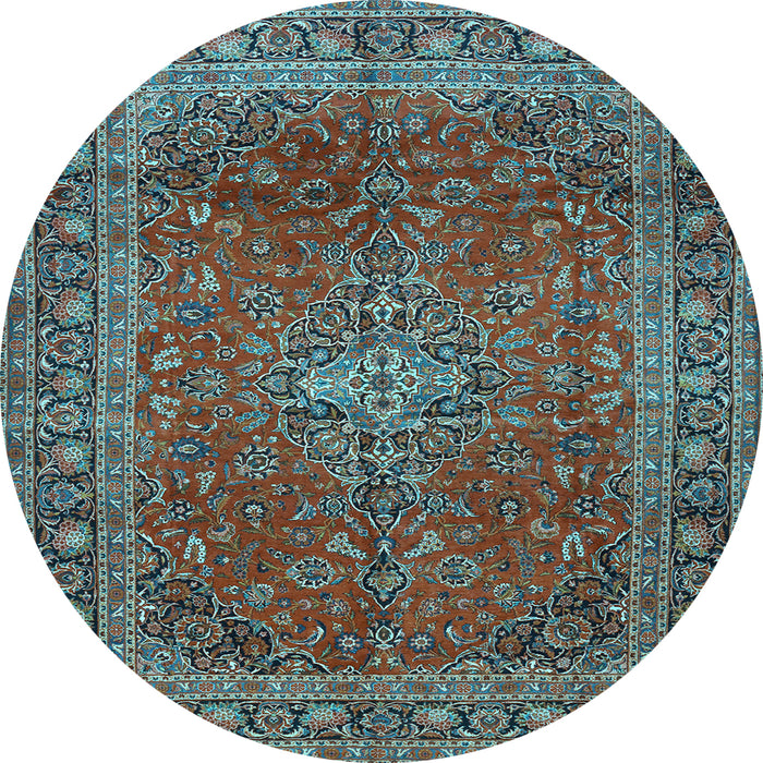 Round Machine Washable Medallion Light Blue Traditional Rug, wshtr2228lblu