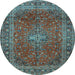 Round Machine Washable Medallion Light Blue Traditional Rug, wshtr2228lblu