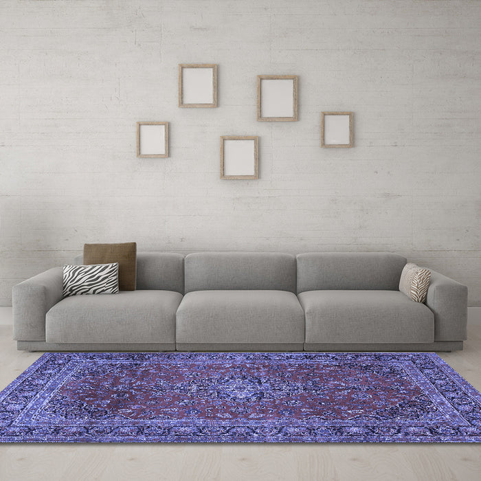 Machine Washable Medallion Blue Traditional Rug in a Living Room, wshtr2228blu