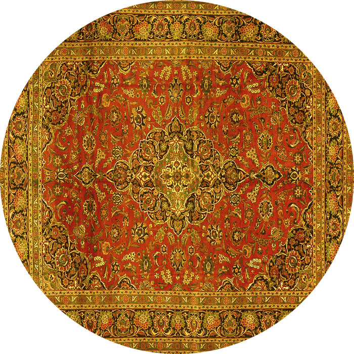 Round Machine Washable Medallion Yellow Traditional Rug, wshtr2228yw