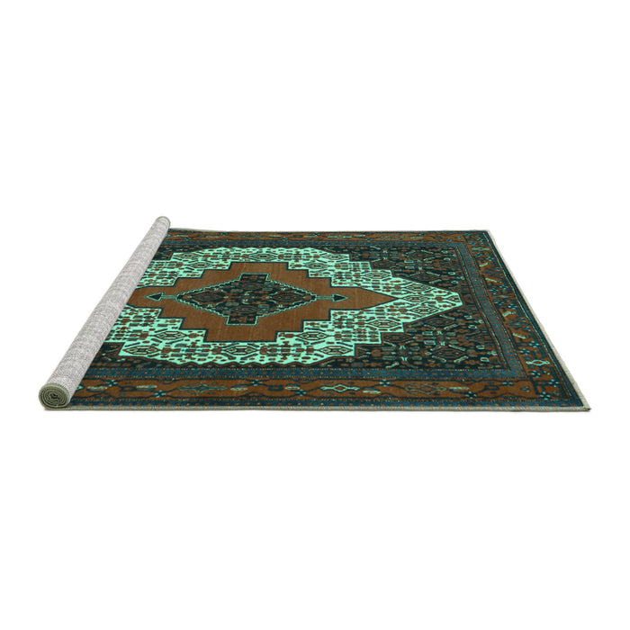 Sideview of Machine Washable Persian Turquoise Traditional Area Rugs, wshtr2229turq
