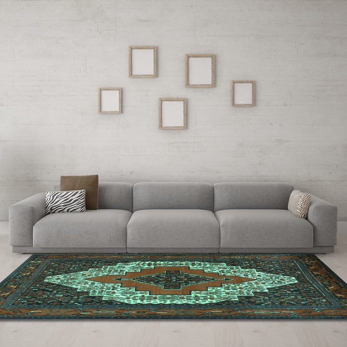 Machine Washable Persian Turquoise Traditional Area Rugs in a Living Room,, wshtr2229turq