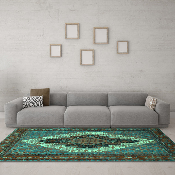 Machine Washable Persian Turquoise Traditional Area Rugs in a Living Room,, wshtr2233turq