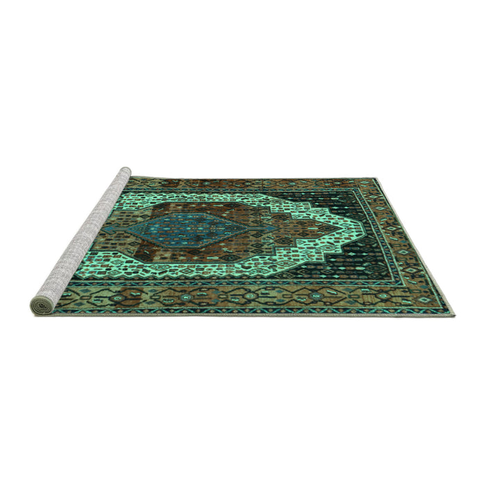 Sideview of Machine Washable Persian Turquoise Traditional Area Rugs, wshtr2235turq