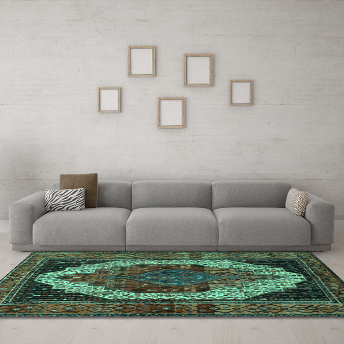 Machine Washable Persian Turquoise Traditional Area Rugs in a Living Room,, wshtr2235turq
