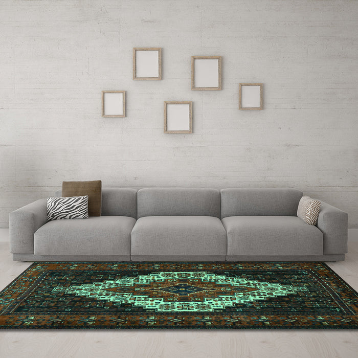 Machine Washable Persian Turquoise Traditional Area Rugs in a Living Room,, wshtr2236turq