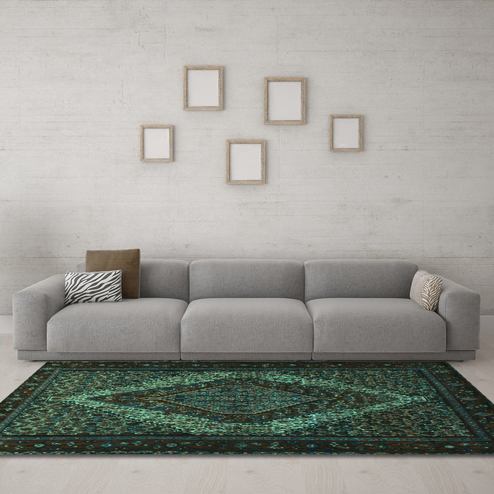 Machine Washable Persian Turquoise Traditional Area Rugs in a Living Room,, wshtr2237turq