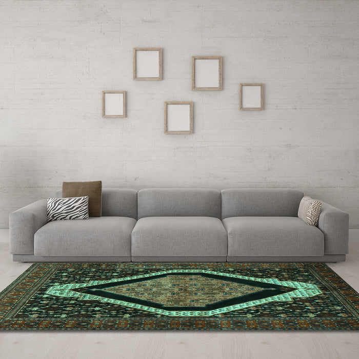 Machine Washable Persian Turquoise Traditional Area Rugs in a Living Room,, wshtr2239turq