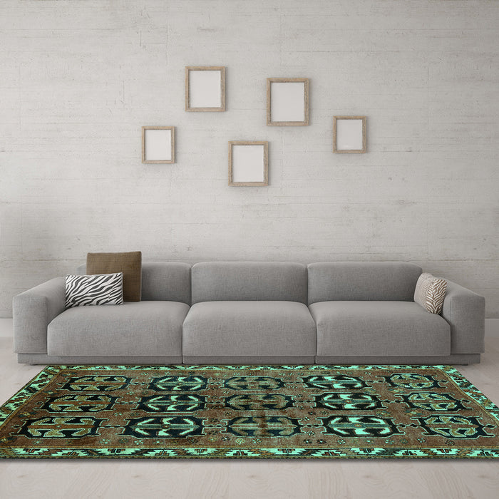 Machine Washable Persian Turquoise Traditional Area Rugs in a Living Room,, wshtr223turq