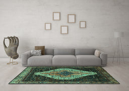 Machine Washable Persian Turquoise Traditional Area Rugs in a Living Room,, wshtr2241turq