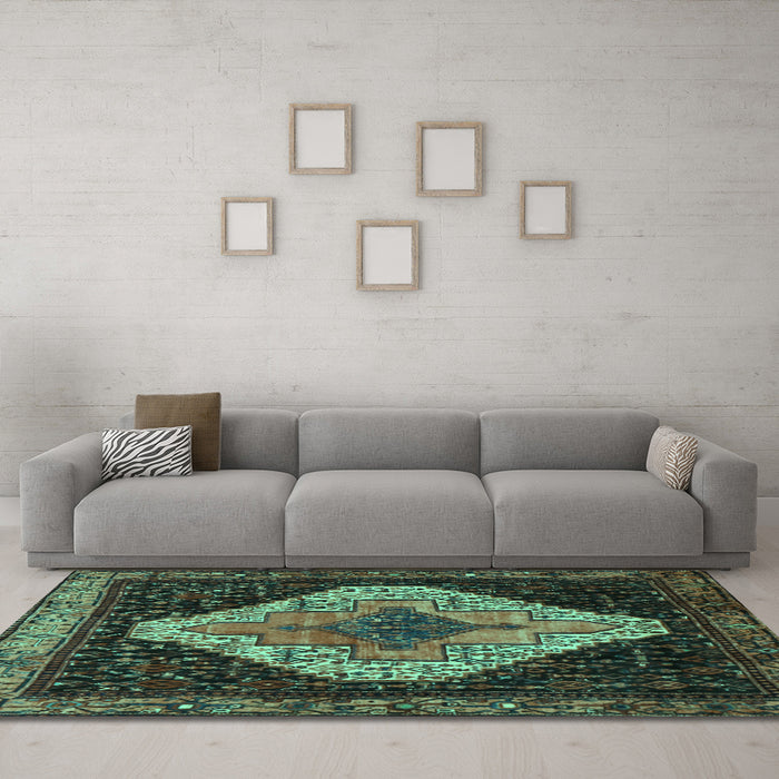 Machine Washable Persian Turquoise Traditional Area Rugs in a Living Room,, wshtr2241turq
