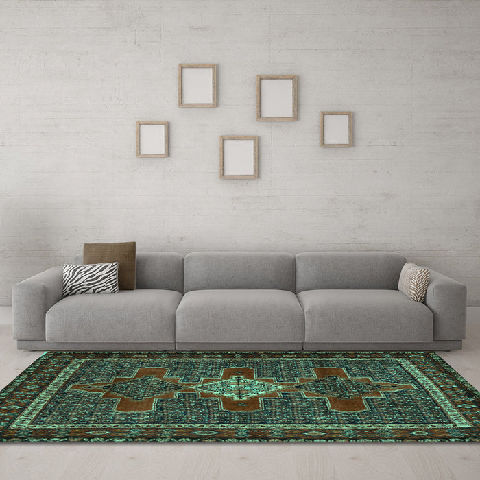 Machine Washable Persian Turquoise Traditional Area Rugs in a Living Room,, wshtr2242turq