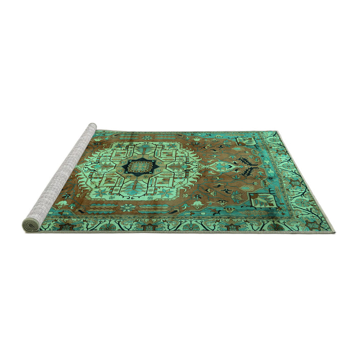 Sideview of Machine Washable Persian Turquoise Traditional Area Rugs, wshtr2244turq