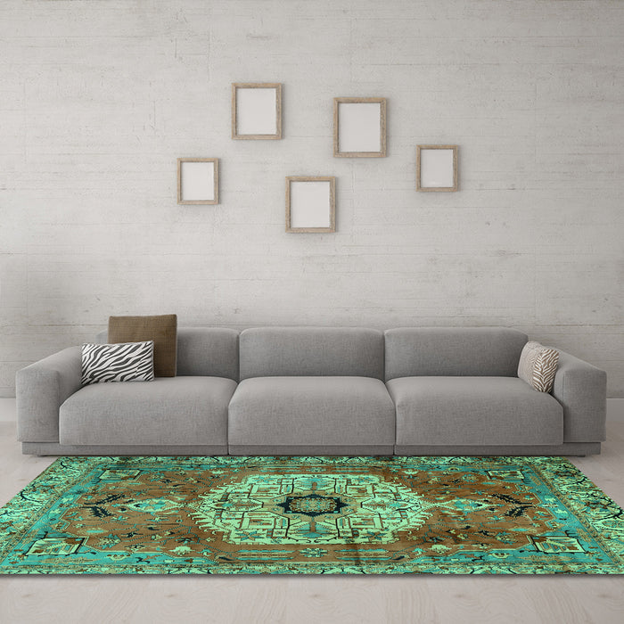 Machine Washable Persian Turquoise Traditional Area Rugs in a Living Room,, wshtr2244turq