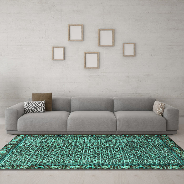 Machine Washable Persian Turquoise Traditional Area Rugs in a Living Room,, wshtr2245turq