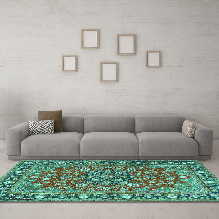 Machine Washable Persian Turquoise Traditional Area Rugs in a Living Room,, wshtr2246turq